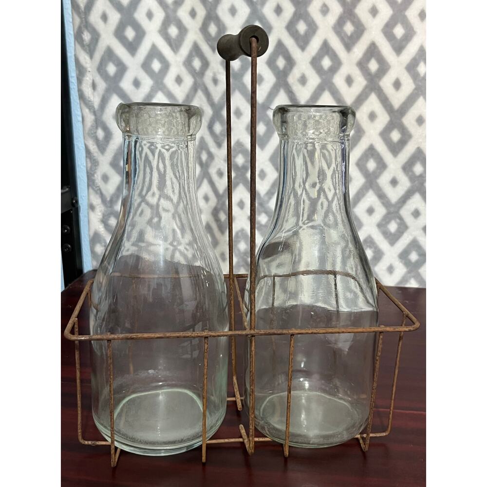 VTG Milk Bottles Rustic Metal Carrier Farmhouse Decor Cottage Core Dairy Cow - Picture 3 of 9